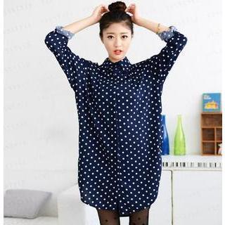 Polka Dot Shirtdress Navy Blue - One Size