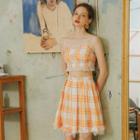 Set: Ruffled Plaid Camisole Top + Mini A-line Skirt