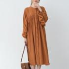 Long-sleeve Shirred Button-up Midi Shift Dress