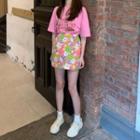 Printed Elbow-sleeve T-shirt / Flower Print Mini A-line Skirt