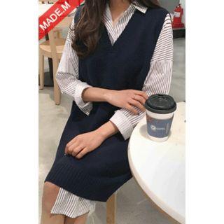 Drop-shoulder Striped Shirtdress