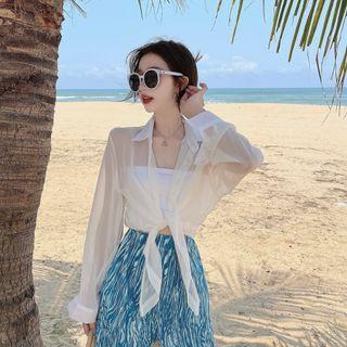 Plain Tie-front Shirt / Print Wide Leg Pants / Strapless Camisole Top