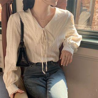 Long-sleeve Peter Pan Collar Bow Accent Blouse Almond - One Size