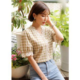 Plus Size Lace-frame Check Blouse