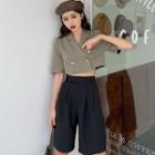 Notch Lapel Double-breasted Elbow-sleeve Blouse / High-waist Shorts