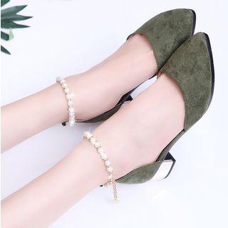 Faux-pearl Strap Pointy-toe Low-heel Pumps