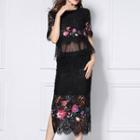 Set: Embroidered Short-sleeve Lace Top + Midi Skirt