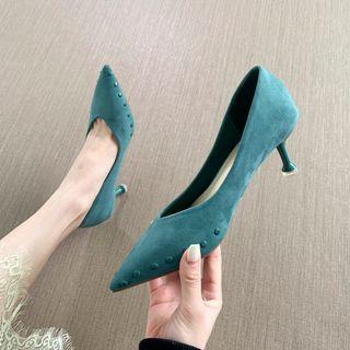 Velvet Studded Kitten Heel Pumps