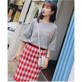 Set: Lettering Elbow-sleeve T-shirt + Check Midi Skirt