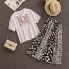 Set: Embroidered Short-sleeve T-shirt + Flower Print Midi A-line Skirt
