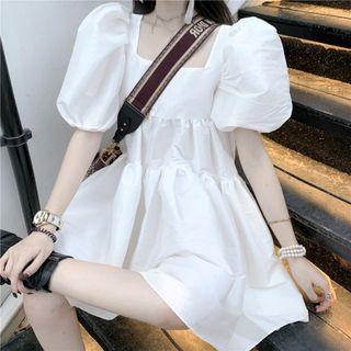 Puff-sleeve Square-neck Plain Loose-fit Dress