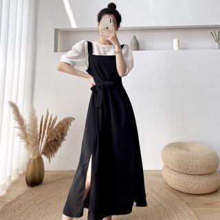 Set: Short Sleeve Plain Blouse + Sleeveless Square Neck Slit Dress