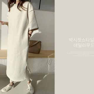 Elbow-sleeve Long T-shirt Dress Oatmeal - One Size