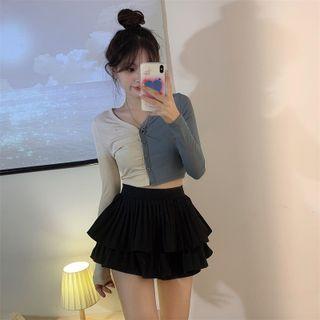 Long-sleeve Two-tone Button-up Top