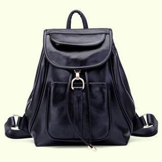 Faux-leather Drawstring Flap Backpack