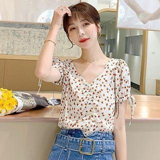Floral Short-sleeve Shirred Blouse