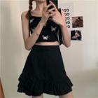 Short-sleeve Butterfly Print Crop Top / A-line Mini Skirt