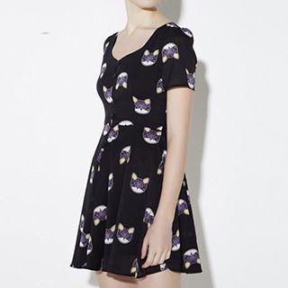 Cat Print Short-sleeve A-line Dress