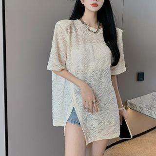 Round-neck Shoulder Slit Short-sleeve Top As Shown In Figure - One Size
