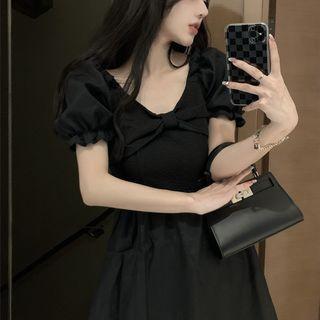 Plain Bow Mesh A-line Mini Dress