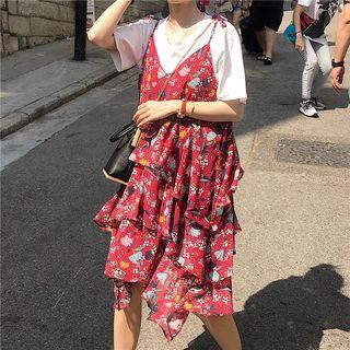 Floral Print Spaghetti-strap Tiered Chiffon Dress