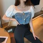 Mock Two-piece Short-sleeve Denim Blouse As Shown In Figure - One Size