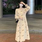 Long-sleeve Round Neck Embroidered Corduroy Midi Dress