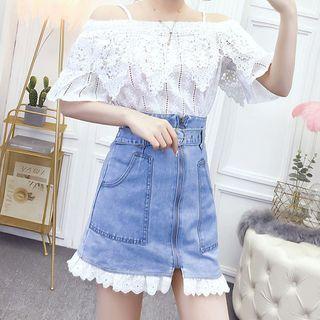 Set: Cold Shoulder Short-sleeve Top + Denim A-line Skirt