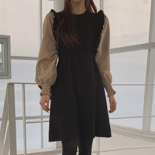 Contrast-sleeve Frilled Knit Dress