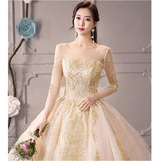 Embroidered Long-sleeve Open Back Ball Gown