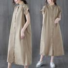Cap-sleeve Collarless Midi Shirt Dress