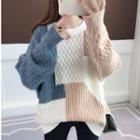 Color-block Cable Knit Long Sleeve Sweater