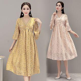 V-neck Printed 3/4-sleeve Midi A-line Dress