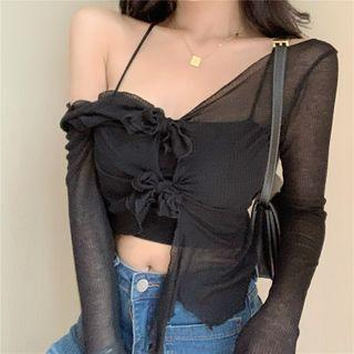 Set: Ruffle Long-sleeve Cropped Top / Camisole Top