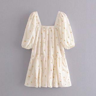 Square-neck Bell-sleeve Flower Embroidered Mini Dress