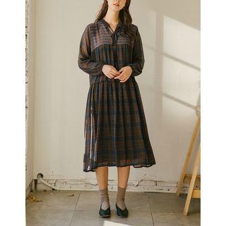 Tie-neck Midi Plaid Dress