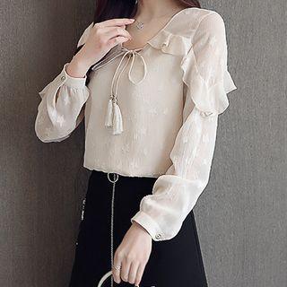 V-neck Ruffle Chiffon Blouse With Tassel