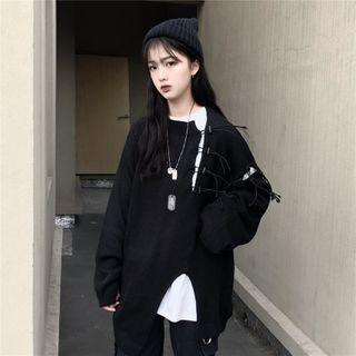 Plain Long-sleeve T-shirt / Drawstring Side-slit Sweater
