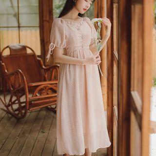 Balloon-sleeve Ruffled Midi Chiffon Dress