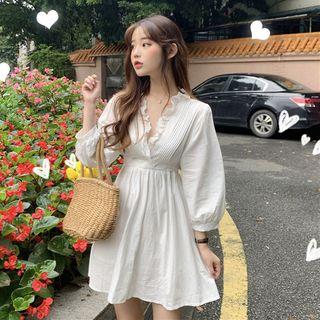 Frilled V-neck Long-sleeve Slim-fit Dress White - One Size
