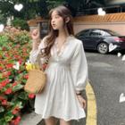 Frilled V-neck Long-sleeve Slim-fit Dress White - One Size