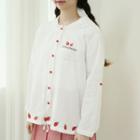 Strawberry-embroidery Buttoned Hoodie White - One Size
