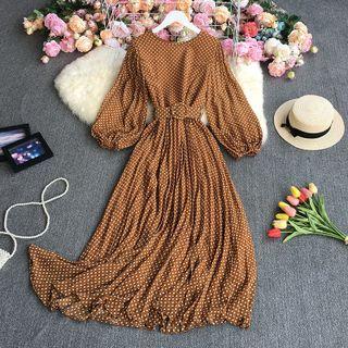 Long-sleeve Belted Dotted Midi A-line Chiffon Dress