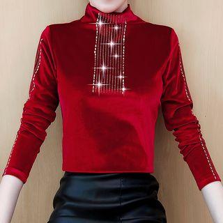 Mock-turtleneck Rhinestone Long-sleeve Velvet Top