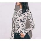 Mock Neck Butterfly Print Long-sleeve T-shirt