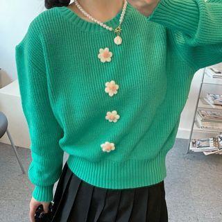 Floral Puff-sleeve Sweater Aqua Blue - One Size