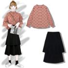 Dotted Chiffon Blouse / Midi A-line Layered Skirt