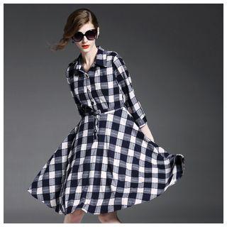 3/4-sleeve Gingham Dress