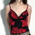 Rose Printed V Neck Drawstring Camisole Top