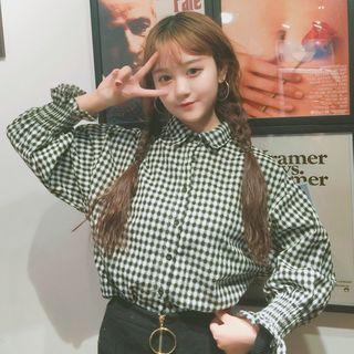 Stand-collar Bell-sleeve Loose-fit Gingham Blouse